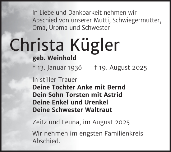 Traueranzeige von Christa Kügler von Trauerkombi Zeitz
