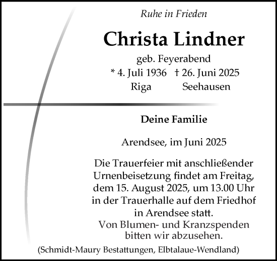 Traueranzeige von Christa Lindner von Volksstimme Altmark Ost
