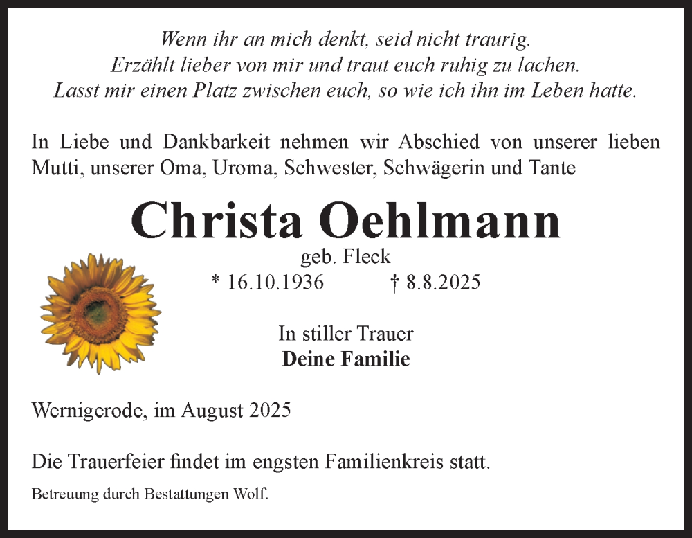  Traueranzeige für Christa Oehlmann vom 16.08.2025 aus Volksstimme Wernigerode