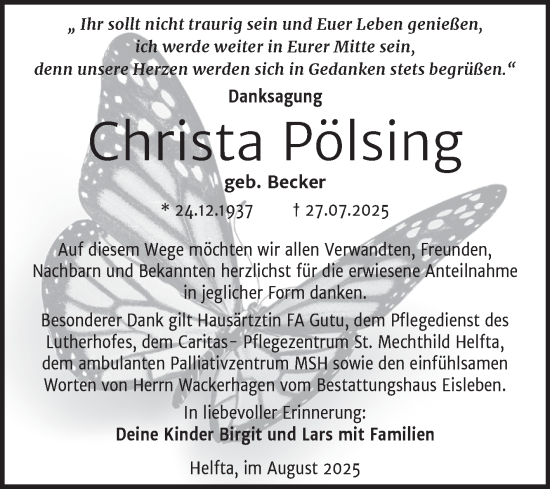 Traueranzeige von Christa Pölsing von Trauerkombi Mansfelder Land
