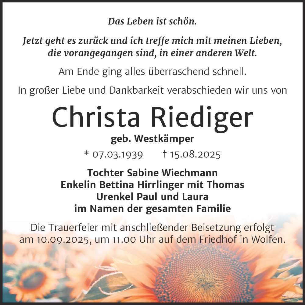  Traueranzeige für Christa Riediger vom 30.08.2025 aus Trauerkombi Bitterfeld