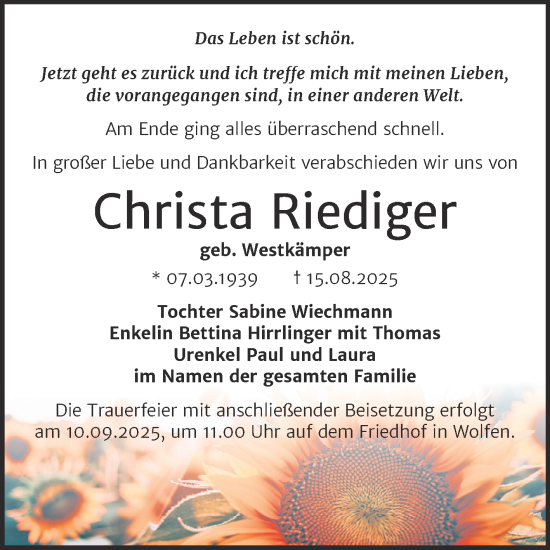 Traueranzeige von Christa Riediger von Trauerkombi Bitterfeld