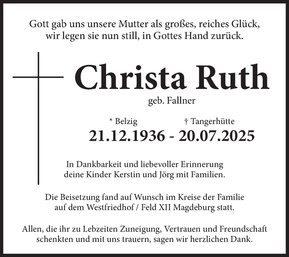  Traueranzeige für Christa Ruth vom 09.08.2025 aus Volksstimme Altmark Ost