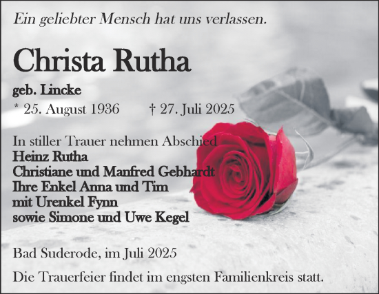 Traueranzeige von Christa Rutha von Mitteldeutsche Zeitung Quedlingburg