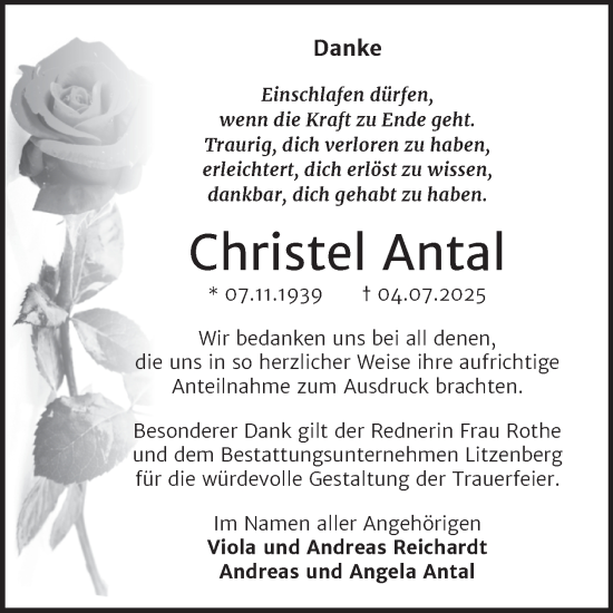 Traueranzeige von Christel Antal von Trauerkombi Mansfelder Land
