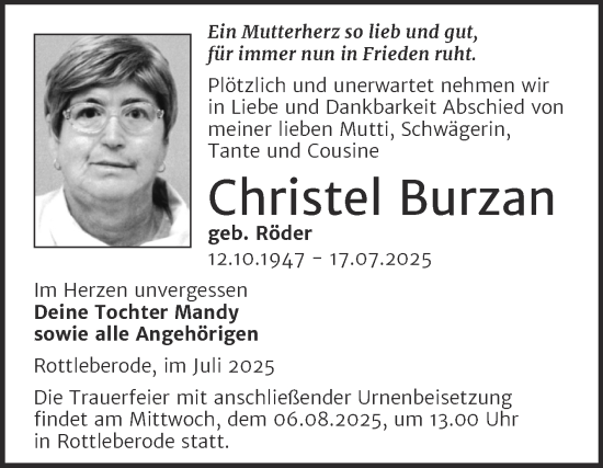 Traueranzeige von Christel Burzan von Trauerkombi Sangerhausen