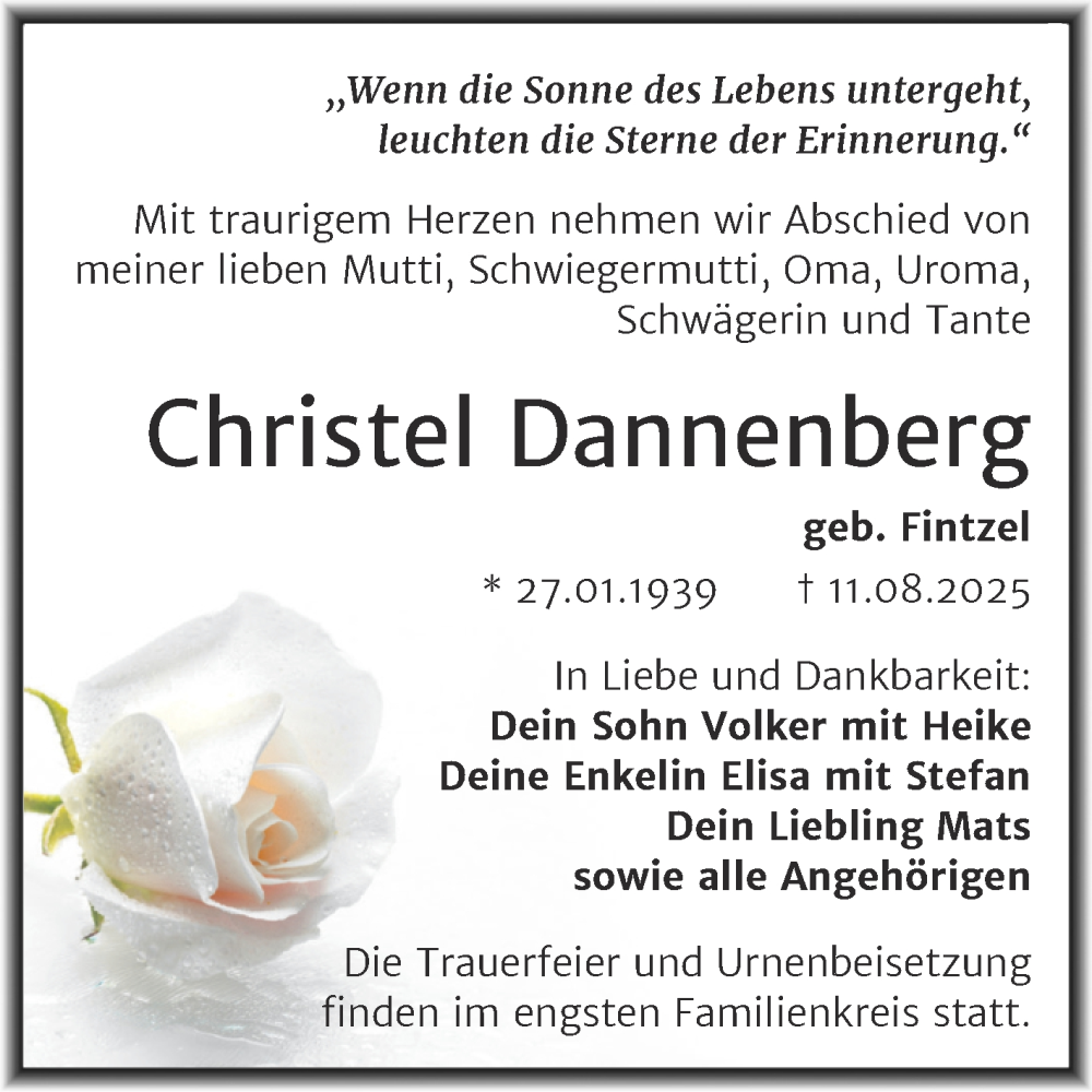  Traueranzeige für Christel Dannenberg vom 22.08.2025 aus Trauerkombi Mansfelder Land