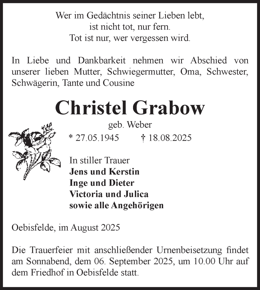  Traueranzeige für Christel Grabow vom 23.08.2025 aus Volksstimme Altmark West