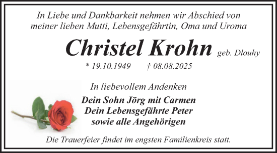 Traueranzeige von Christel Krohn von Trauerkombi Dessau