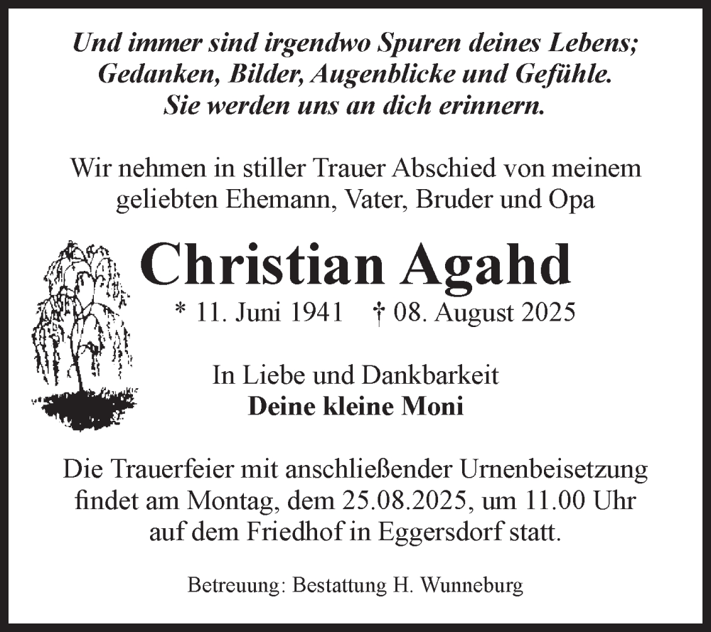 Traueranzeige für Christian Agahd vom 16.08.2025 aus Volksstimme Schönebeck