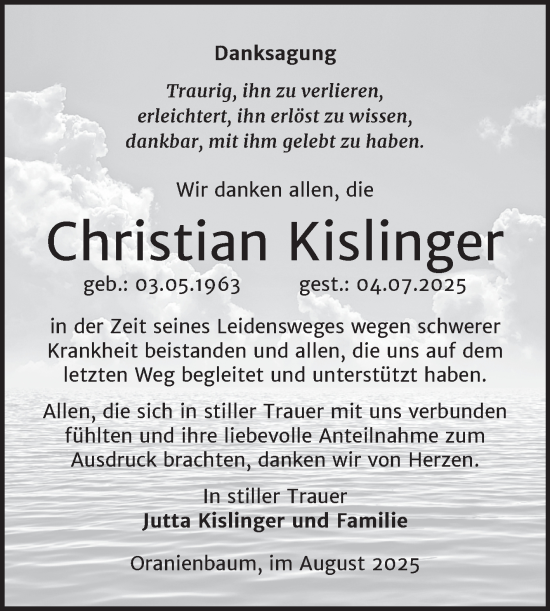 Traueranzeige von Christian Kislinger von Trauerkombi Wittenberg