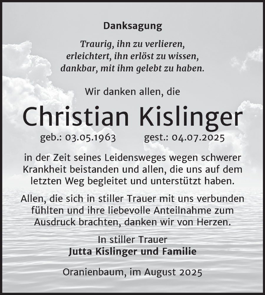  Traueranzeige für Christian Kislinger vom 16.08.2025 aus Trauerkombi Dessau