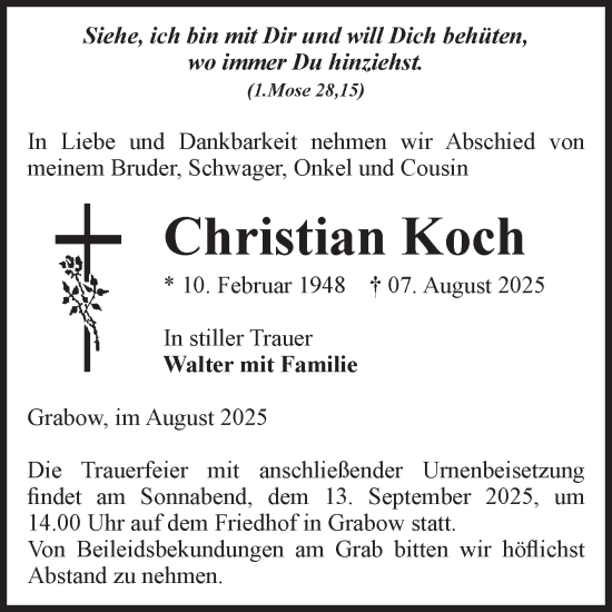 Traueranzeige von Christian Koch von Volksstimme Burg/Genthin