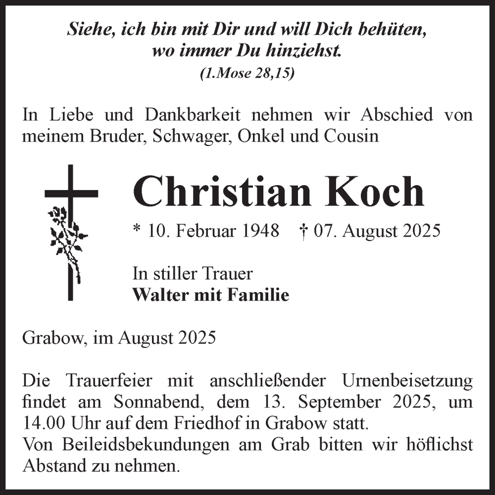  Traueranzeige für Christian Koch vom 30.08.2025 aus Volksstimme Burg/Genthin