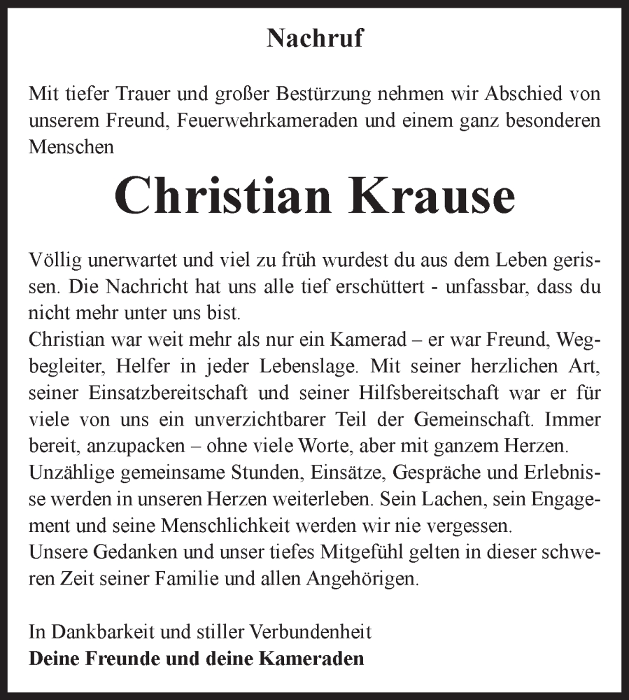  Traueranzeige für Christian Krause vom 09.08.2025 aus Volksstimme Haldensleben/Wolmirstedt