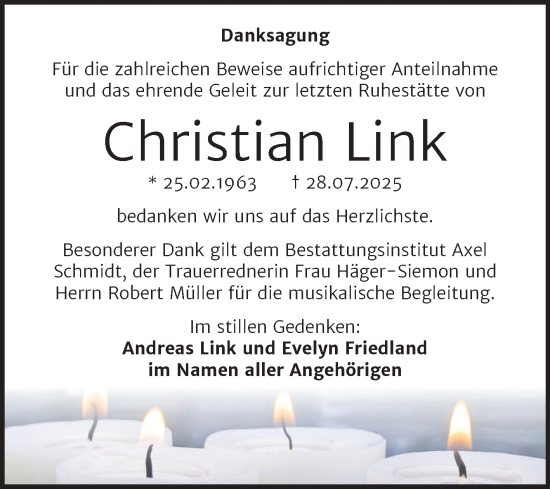 Traueranzeige von Christian Link von Super Sonntag Naumburg/Nebra