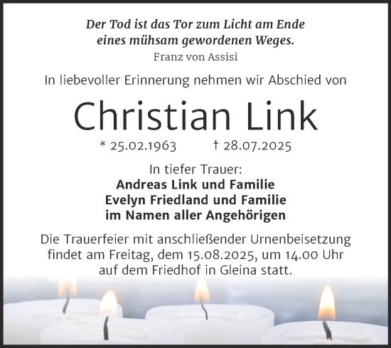 Traueranzeige von Christian Link von Super Sonntag Naumburg/Nebra