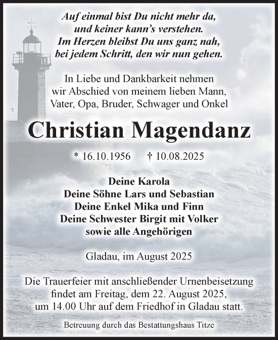 Traueranzeige von Christian Magendanz von Volksstimme Burg/Genthin