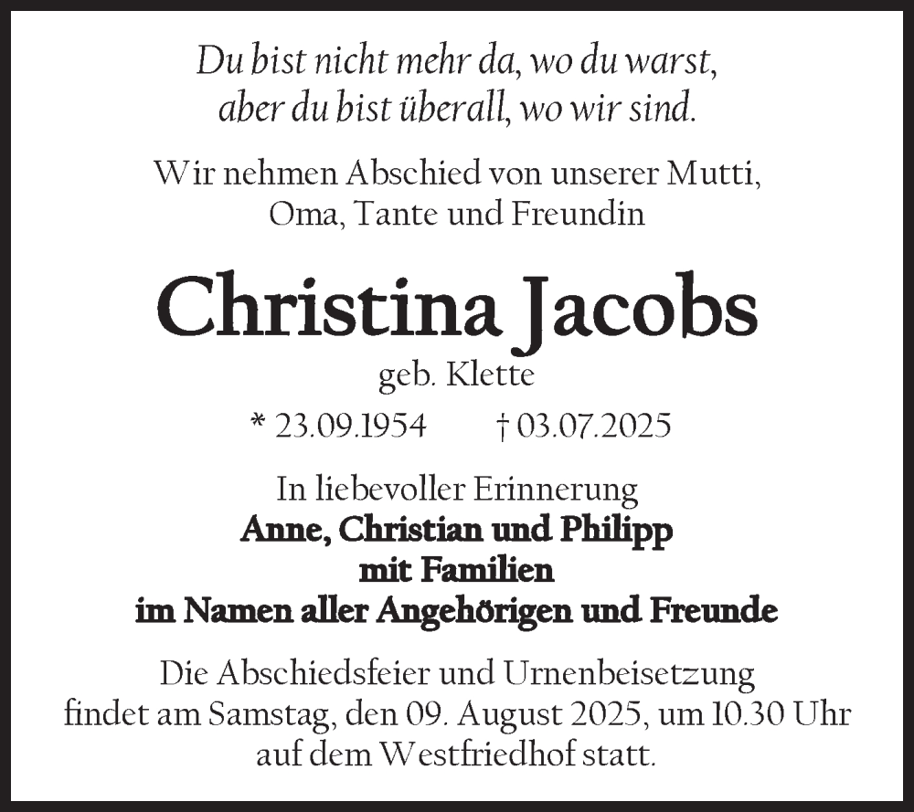  Traueranzeige für Christina Jacobs vom 02.08.2025 aus Volksstimme Magdeburg