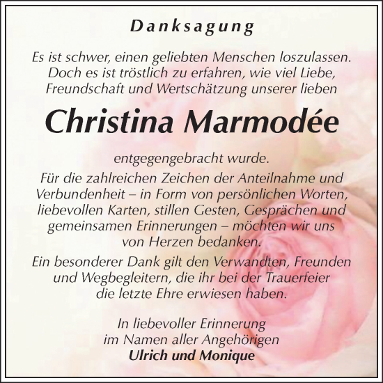 Traueranzeige von Christina Marmodée von Volksstimme Halberstadt