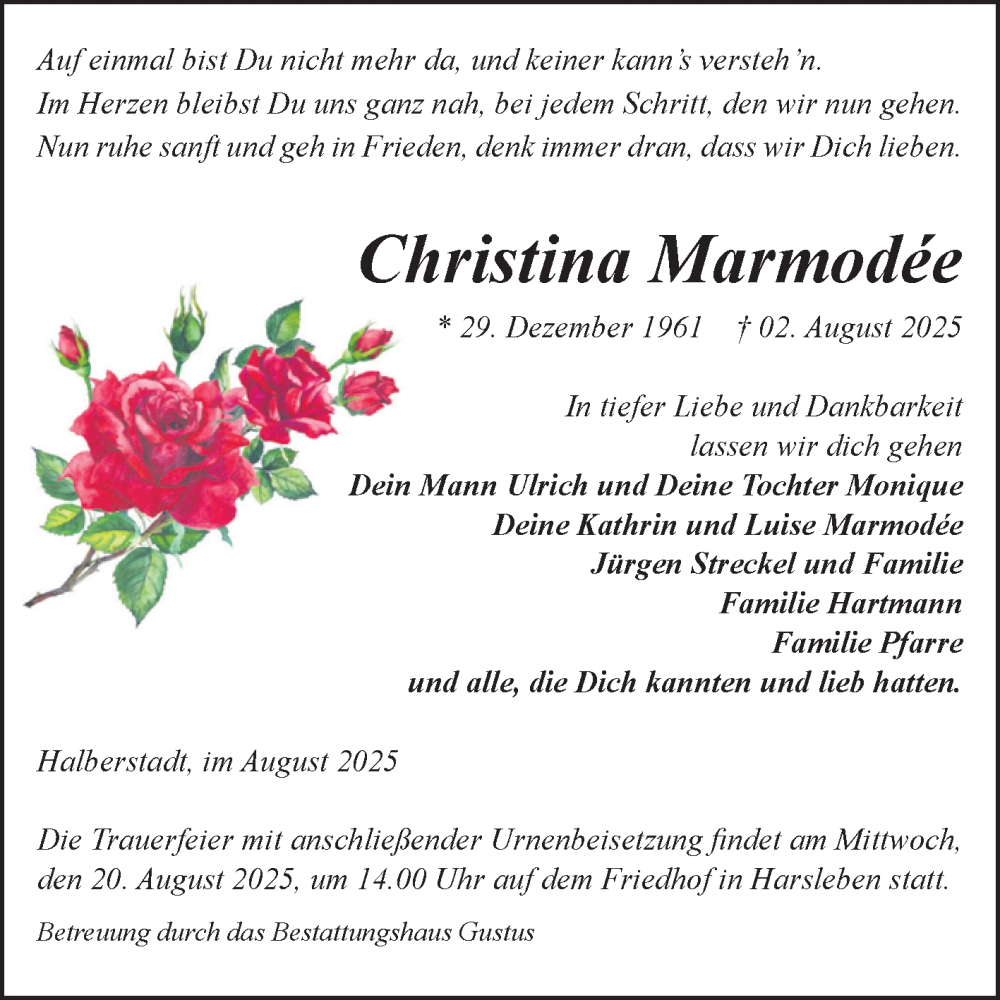  Traueranzeige für Christina Marmodée vom 09.08.2025 aus Volksstimme Halberstadt