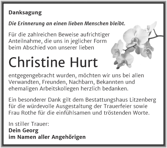 Traueranzeige von Christine Hurt von Trauerkombi Mansfelder Land