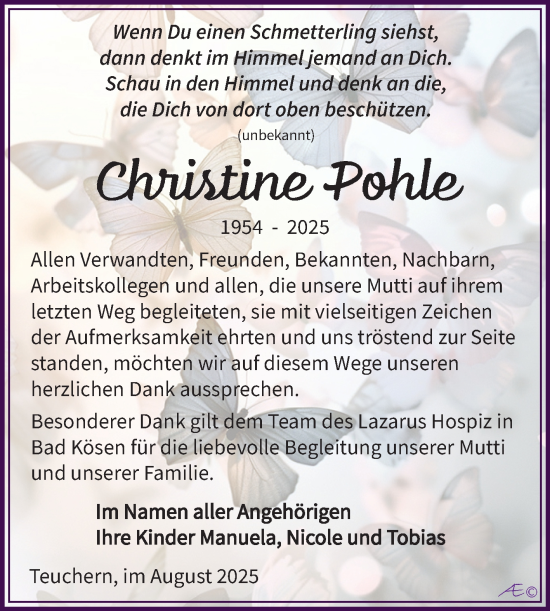 Traueranzeige von Christine Pohle von Super Sonntag Naumburg/Nebra