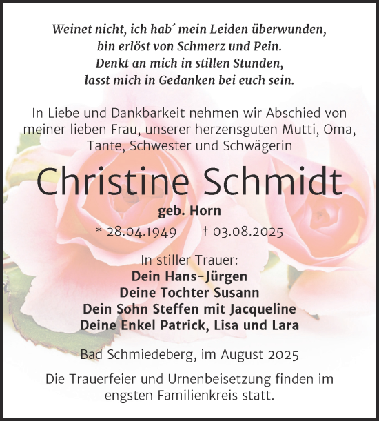 Traueranzeige von Christine Schmidt von Trauerkombi Wittenberg