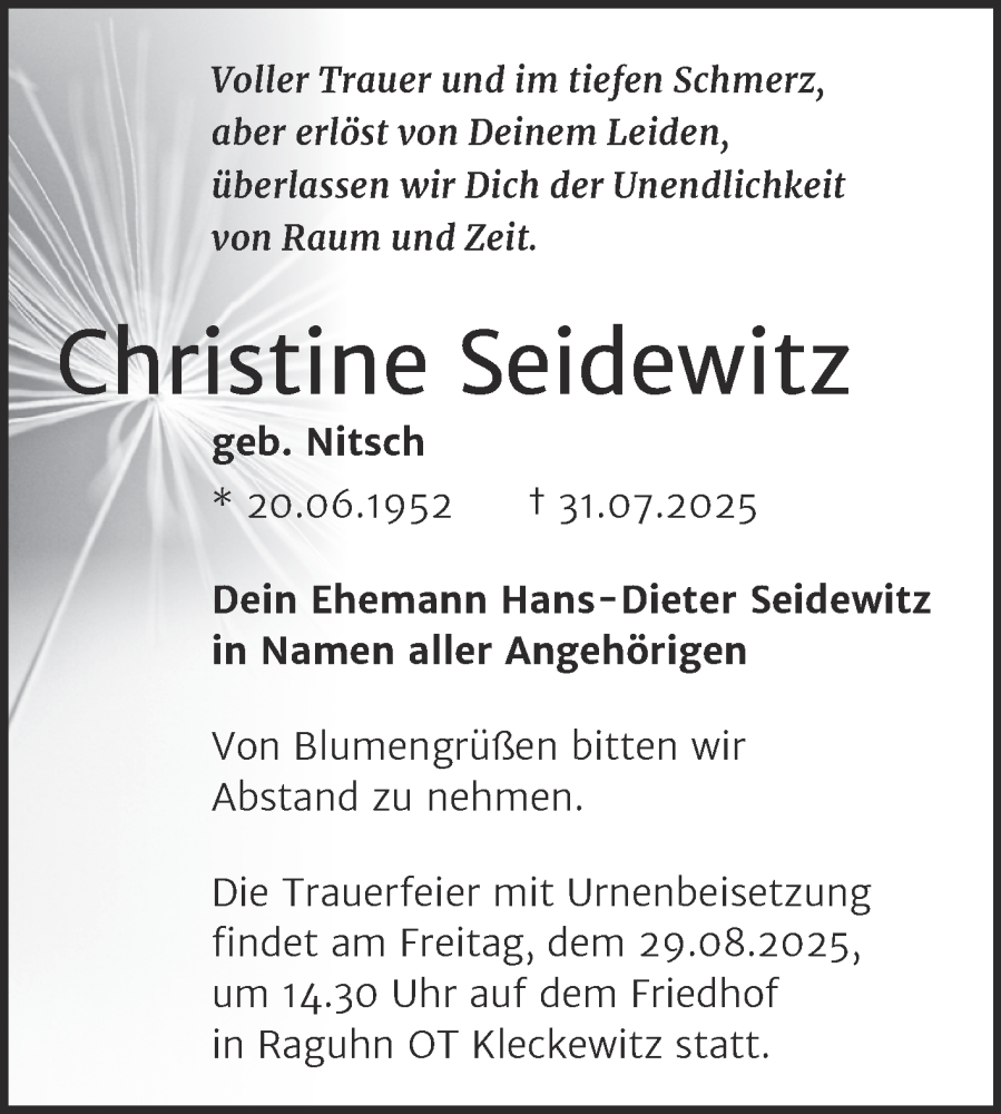  Traueranzeige für Christine Seidewitz vom 22.08.2025 aus Trauerkombi Bitterfeld
