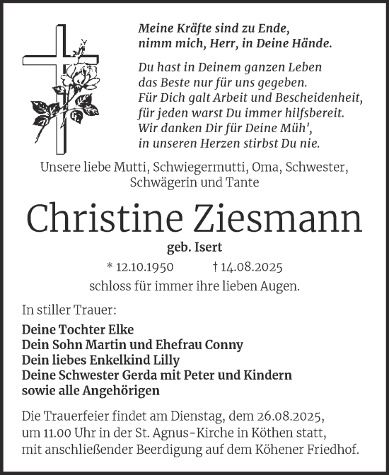 Traueranzeige von Christine Ziesmann von Trauerkombi Köthen