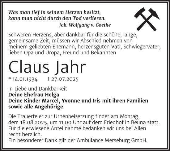 Traueranzeige von Claus Jahr von Trauerkombi Merseburg