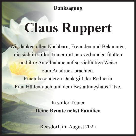 Traueranzeige von Claus Ruppert von Volksstimme Burg/Genthin