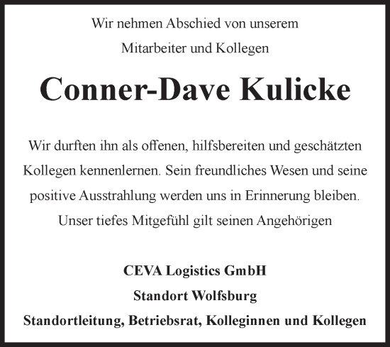 Traueranzeige von Conner-Dave Kulicke von Volksstimme Oschersleben/Wanzleben