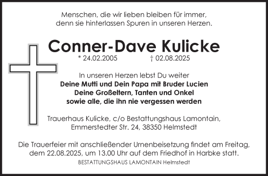Traueranzeige von Conner-Dave Kulicke von Volksstimme Oschersleben/Wanzleben