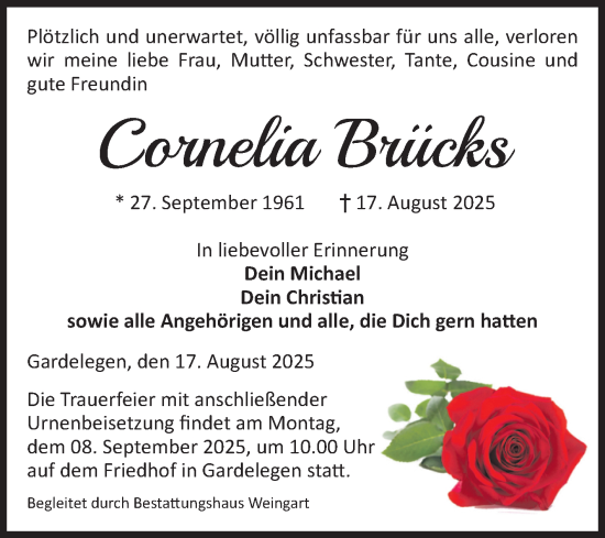 Traueranzeige von Cornelia Brücks von Volksstimme Altmark West