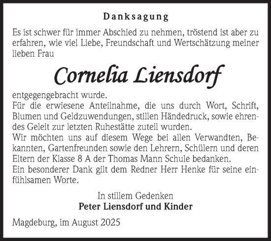 Traueranzeige von Cornelia Liensdorf von Volksstimme Magdeburg