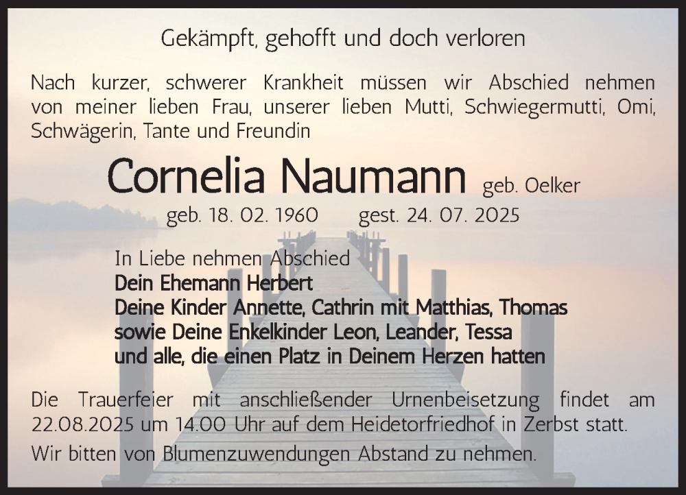 Traueranzeige für Cornelia Naumann vom 02.08.2025 aus Volksstimme Zerbst