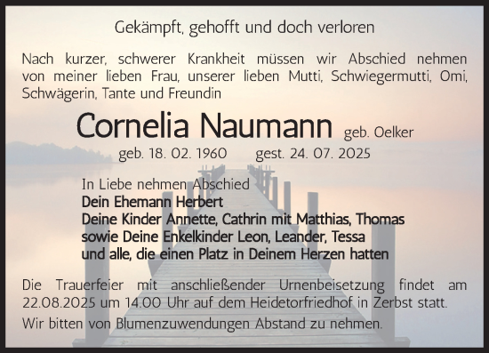 Traueranzeige von Cornelia Naumann von Volksstimme Zerbst