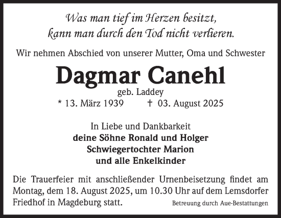 Traueranzeige von Dagmar Canehl von Volksstimme Burg/Genthin