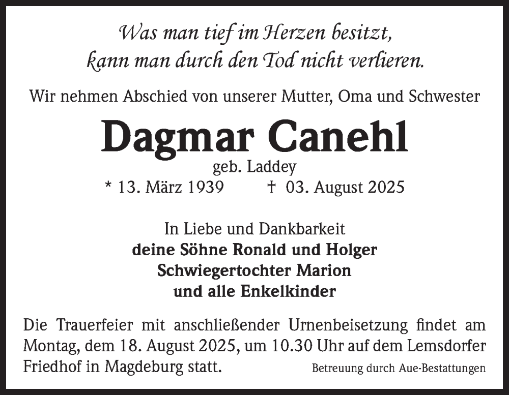 Traueranzeige für Dagmar Canehl vom 09.08.2025 aus Volksstimme Burg/Genthin