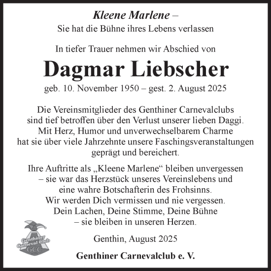 Traueranzeige von Dagmar Liebscher von Volksstimme Burg/Genthin