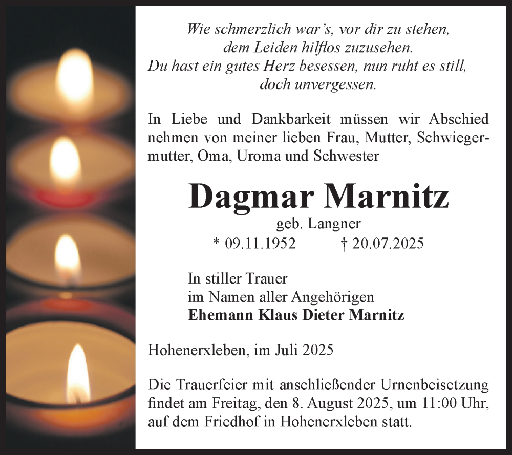  Traueranzeige für Dagmar Marnitz vom 02.08.2025 aus 