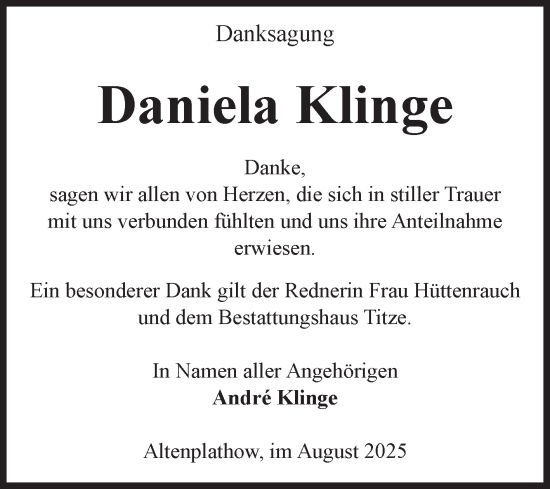 Traueranzeige von Daniela Klinge von Volksstimme Burg/Genthin