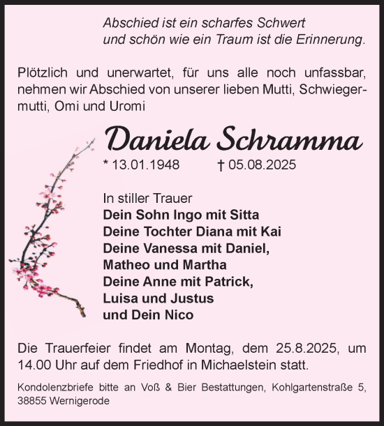 Traueranzeige von Daniela Schramma von Volksstimme Wernigerode