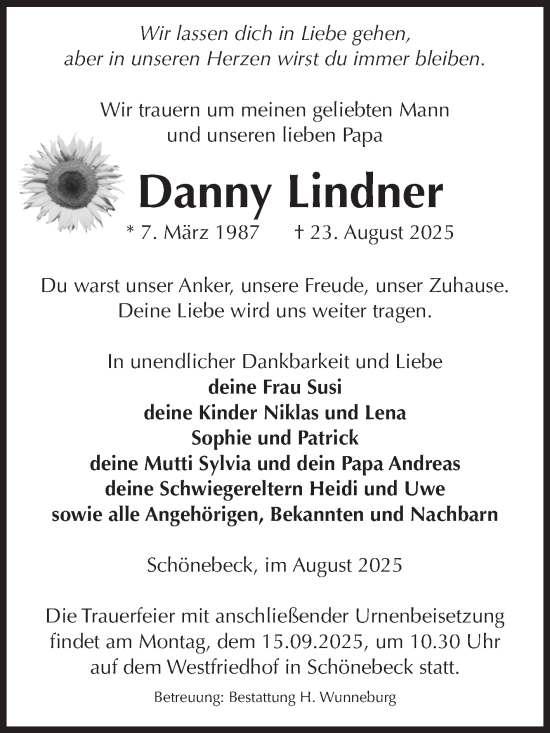 Traueranzeige von Danny Lindner von Volksstimme Schönebeck