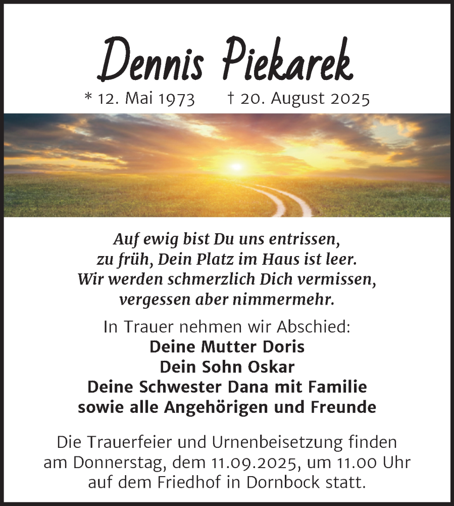  Traueranzeige für Dennis Piekarek vom 30.08.2025 aus Trauerkombi Köthen