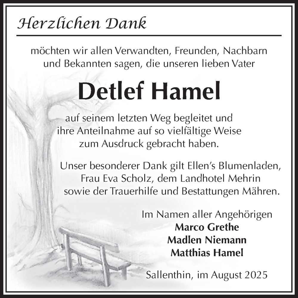  Traueranzeige für Detlef Hamel vom 30.08.2025 aus Volksstimme Altmark West