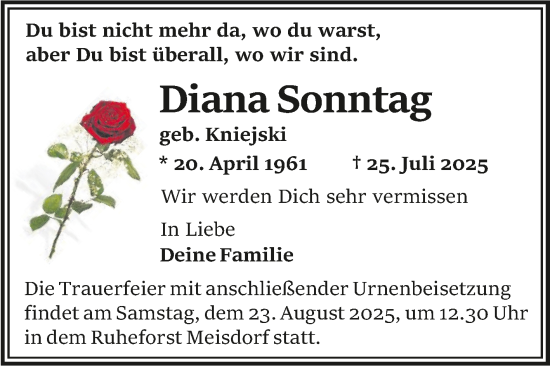 Traueranzeige von Diana Sonntag von Trauerkombi Aschersleben