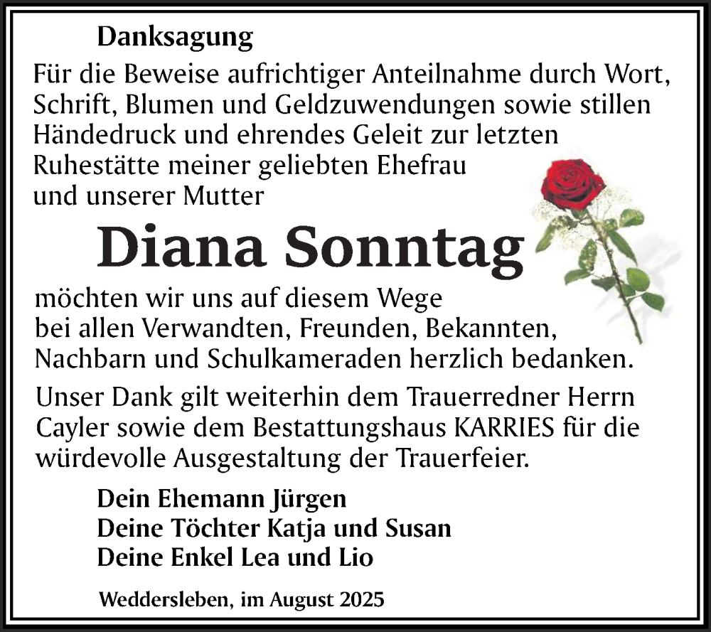  Traueranzeige für Diana Sonntag vom 30.08.2025 aus Trauerkombi Aschersleben