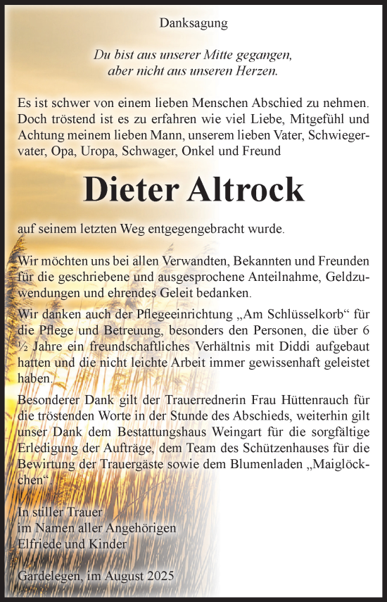 Traueranzeige von Dieter Altrock von Volksstimme Altmark West